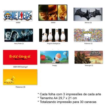Imagem de Kit Impressão Folha Sublimática Canecas Animes E Desenhos A4