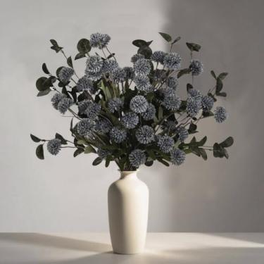 Imagem de LESING 10 peças de flores artificiais de haste longa com eucalipto, seda falsa de crisântemos, bolas de flores artificiais, pompom artificial, flores para mãe, decoração de arranjos florais a granel