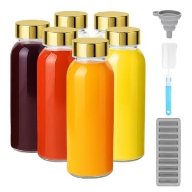 Imagem de Zukro Garrafas de água de vidro com tampas douradas de 297 g, pacote com 6 garrafas pequenas de suco de vidro transparente reutilizável para sucos, leite, dose de gengibre, tampa de aço inoxidável, à