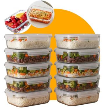 Imagem de Kit 10 Potes de Vidro Herméticos Retangulares 640ml Tampa com Vedação de Silicone Potes para Marmita, Freezer, Micro-ondas e Lava-louças