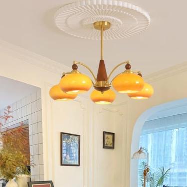 Imagem de Lustre de madeira com 5 luzes, vidro leitoso, latão, moderno, de meados do século, luz de teto, vidro laranja, rústico, fazenda, vintage, pendente, luz para quarto, sala de estar, cozinha, i