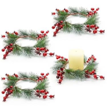 Imagem de Bacucine 4 peças de anéis de vela de Natal, decorações de Natal, agulha de pinheiro nevado, mini grinaldas de frutas vermelhas para festa de casamento no inverno, decoração de casa, mesa