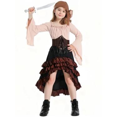 Imagem de Verceco Vestido pirata renascentista medieval, saia com babados marrom e preto com espartilho, blusa camponesa com manga de sino (bege + marrom, P)