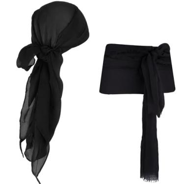 Imagem de SHUIMUHUABEN Fantasia de pirata masculina e feminina, conjunto de bandana e cinto, acessórios para estilo de chapéu de pirata e aventuras temáticas, Preto, tamanho �nico