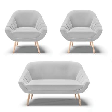 Imagem de Kit 01 Namoradeira 02 Lugares e 02 Poltronas Giovana Linho Cinza A05 Pés Palito Natural - D'Rossi