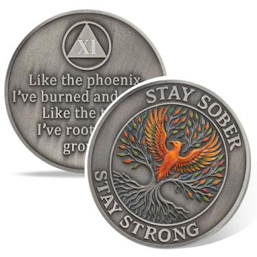 Imagem de Phoenix Tree of Life Moeda de sobriedade de 11 anos, medalhão AA de afirmação, moedas sóbrias de onze anos de recuperação do vício, símbolo de comemoração de aniversário de recuperação, presentes de