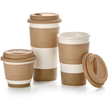 Imagem de Nucookery Conjunto de canecas de café de cerâmica para viagem, copo de café com tampa de silicone e manga antiderrapante, caneca exclusiva, presentes para mulheres e homens, cappuccino seguro para