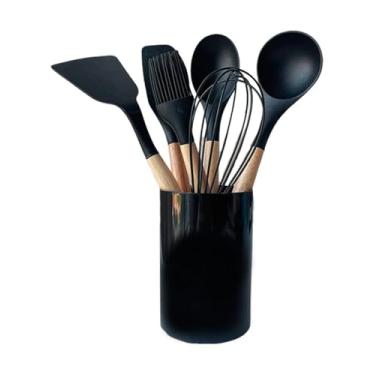 Imagem de Conjunto de Utensílios de Silicone 7 Peças com Cabo de Madeira | Antiaderente, Resistente e Elegante (Preto)