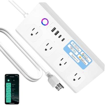 Imagem de ZigBee Protetor contra surtos de linha inteligente, carregamento rápido inteligente, 4 tomadas controladas individualmente, compatível com Alexa Google Home Phiilps HUE, (versão WiFi - branco)