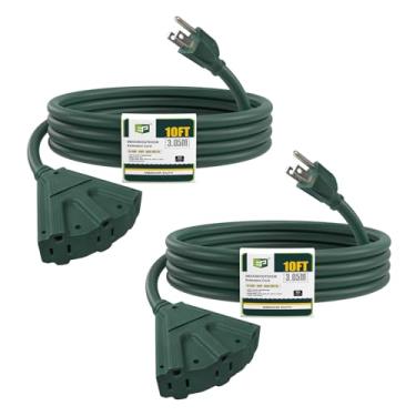 Imagem de EP Pacote com 2 cabos de extensão de 3 metros para ambientes externos, divisor de cabo de extensão tri-tap verde para ambientes externos, cabo de alimentação SJTW 16/3 para decoração de Natal e luzes de paisagismo, certificação UL