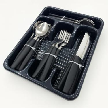 Imagem de Kit Talheres com 24 Peças, Conjunto de Colheres, Garfos e Facas em Aço Inox, Cabo Preto, com Porta Talheres Organizador
