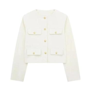 Imagem de Jaqueta Elegante Feminina Cropped Com Decote Redondo, Manga Longa, Bol