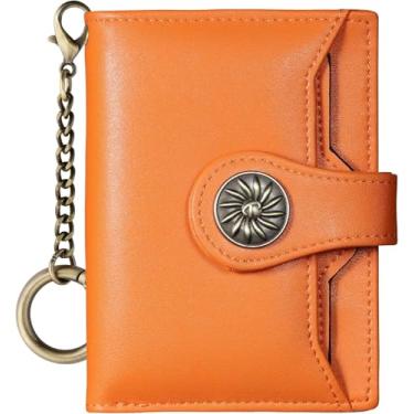 Imagem de Carteira feminina pequena com 2 porta-cartões de couro dobrável com bloqueio de RFID e bolso para moedas com zíper, Laranja, Clássico