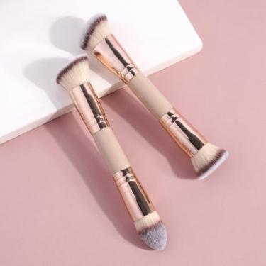 Imagem de 2 pincéis de maquiagem facial com pontas duplas para aplicação de corretivo potente base líquida e creme (bege)