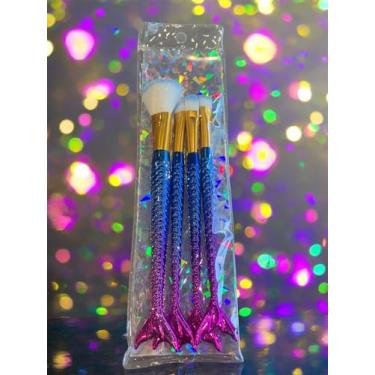 Imagem de Kit de Pincéis de Maquiagem Sereia com 4 Peças, Cerdas Macias, Design Ergonômico, Cores Sortidas, para Aplicação de Base e Sombras (Rosa e Azul)