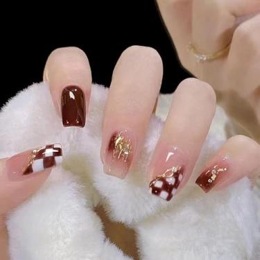 Imagem de Unhas postiças curtas quadradas bordô vermelhas com design simples de tabuleiro de xadrez, cobertura completa, cola em bastão falso artificial em unhas de acrílico para mulheres, 24 peças