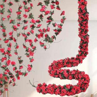Imagem de 250 cm flores de peônia artificiais, videira, plantas falsas, casa, quarto, jardim, decoração de casamento, ao ar livre, acessório de arco de vime (primavera - rosa vermelha)