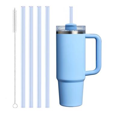 Imagem de 4 canudos de substituição compatíveis com Stanley Quencher de 850 g, copo copo de 1,134 g, canudos reutilizáveis com 1 escova de limpeza (azul)