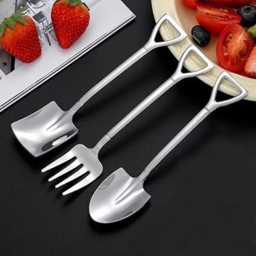 Imagem de 3 peças de colher e garfo em forma de pá de aço inoxidável, 15,5 cm, mini sorvete, garfos de frutas para festa em casa, bistrô, coquetel, degustação, aperitivo