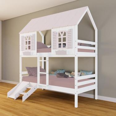 Imagem de Beliche Casinha Bela Kit Escada/escorregador - Madeira Maciça Branco/rosa Housin