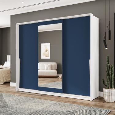 Imagem de Guarda Roupa Roupeiro 3 Portas de Correr 4 Gavetas com Espelho Porto Branco Azul Politorno Móveis