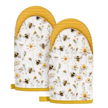 Imagem de Slohif Conjunto de mini luvas de forno – Luvas de cozinha longas curtas e resistentes ao calor para mulheres, luvas de forno 100% algodão com aderência de silicone, antiderrapantes e duráveis para