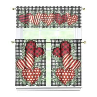 Imagem de Cortinas de cozinha para Dia dos Namorados, decorações para casa, dia dos namorados, cortinas de janela com bolso para varão, conjunto de camadas e saia para dia dos namorados, 137 x 45 cm, saia de 68