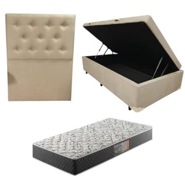 Imagem de Cama Box Baú Blindada com Colchão de Espuma D33 17cm + Cabeceira Botonê (SUEDE BEGE, Solteiro)