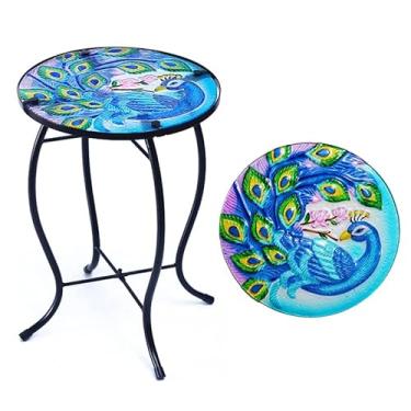 Imagem de YNGFIL Mesa lateral redonda de vidro pavão de 33,5 cm, mesa pequena para pátio, mesa lateral externa, mesa de bar ao ar livre, mesa de canto de vidro de metal para varanda, jardim, pátio, piscina
