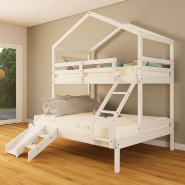 Imagem de Beliche Casal/ Solteiro Casinha com Kit Escada/Escorregador Madeira Maciça Branco Megamobilia
