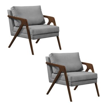 Imagem de Kit 2 Poltronas Mona Monique Luxo Base Madeira Maciça Mel Veludo Cinza