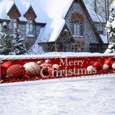 Imagem de HOMETITUTE Faixa de Feliz Natal de 299 x 50 cm, banner grande de poliéster, para pendurar no feriado, cerca, pátio, varanda, decoração de parede, cenário de festa de Natal, exibição sazonal