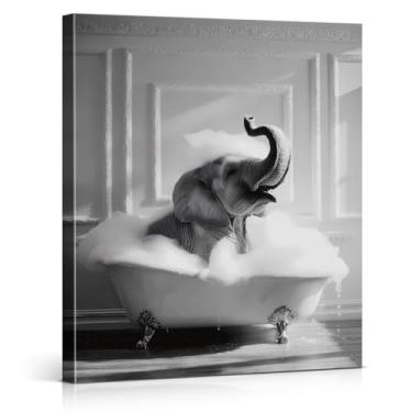 Imagem de Elefante engraçado decoração de parede de banheiro preto e branco elefante impressão pôster engraçado decoração de parede animal para banheiro tela emoldurada 20x25