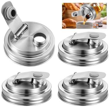Imagem de Conjunto de tampa de pote de vidro à prova de vazamento, 4 peças de bico de aço inoxidável, design de rosca redonda de 8 cm
