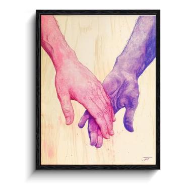 Imagem de WOXZQ Impressão artística de mãos dadas - Ilustração rosa e roxa - Decoração de parede de papel laminado com moldura - Arte de amor LGBTQ para quarto, sala de estar ou escritório - 30 x 38 cm