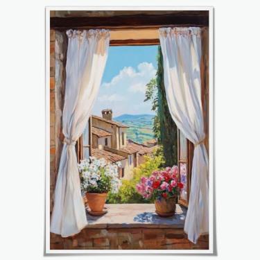 Imagem de Pintura rústica com vista de janela, flores vibrantes e colinas, decoração de parede para sala de estar, quarto ou escritório, sala de meninos e meninas, tela universal 28 x 35 cm, sem moldura