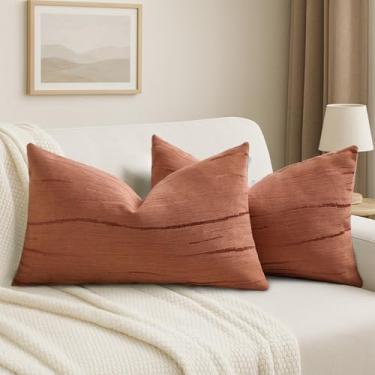 Imagem de HAUSSY Conjunto de 2 capas de almofada enferrujadas 30,5 x 50,8 cm, fronhas decorativas lombares texturizadas listradas boho macias de chenille, decoração de casa moderna para sofá-cama sala de estar