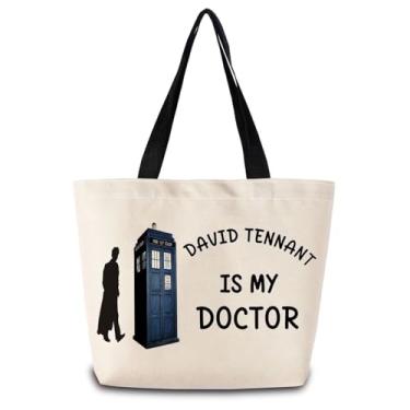 Imagem de ZhuVantrix Bolsa de ombro Who TV Show reutilizável bolsa de compras estética com bolso interno com zíper elegante David Tennant Is My Doctor Gift para mulheres