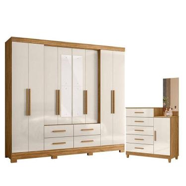Imagem de Guarda Roupa Casal San Lorenzo Com Espelho E Cômoda Lisboa Freijó Off White - Moval