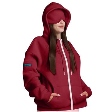 Imagem de simhoa Moletom feminino com capuz e máscara de dormir embutida, ideal para uso diário, confortável e com bolsos, Vermelho