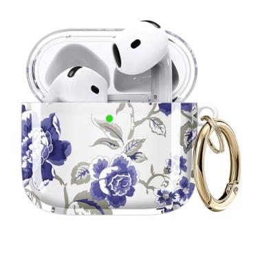Imagem de Capa compatível com AirPods 4 2024 - Capa de TPU transparente com chaveiro dourado e carregamento sem fio (flor roxa)