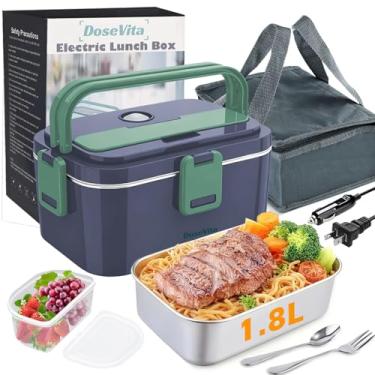 Imagem de Dosevita Lancheira Elétrica Para Adultos, Lancheira Aquecida De 80 W, Recipiente De Aço Inoxidável De 1,8 L, 12 V/24 V (Carro/Caminhão) E 110 V (Escritório/Casa), Com Garfo, Colher E Bolsa De Trans