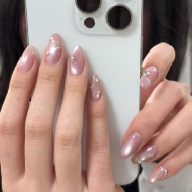 Imagem de Unhas postiças de pressão de amêndoa média cromo rosa com strass simples Desien cobertura completa cola acrílica falsa em unha para mulheres, 24 peças
