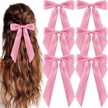 Imagem de hisial 6 peças de grampos de cabelo para cabelo com fita de cetim sedoso jacaré presilhas de cabelo francês suportes de rabo de cavalo acessórios fofos para mulheres meninas (rosa)