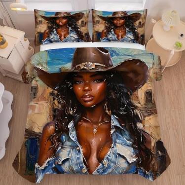Imagem de FUYEUN Conjunto de edredom preto para meninas: conjunto de cama ocidental para cowboys mulheres meninas afro-americanas quarto dormitório moderno colcha 1 edredom + 2 fronhas