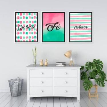 Imagem de Kit 3 Quadros Gratidão, Amor, Fé Rosa/Verde 45X34Cm - Quadros On-Line