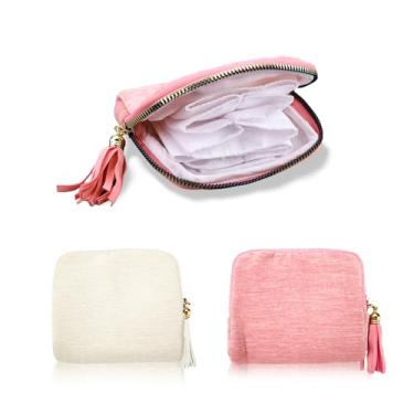 Imagem de LELE LIFE Pacote com 2 estojos de viagem, bolsa organizadora de joias pequena de veludo com zíper de borla, bolsa com 6 compartimentos para pulseira, anel, brinco, presentes femininos (rosa + creme)