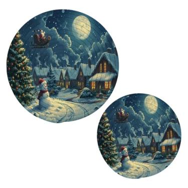 Imagem de Blueangle 2 peças de suporte de panela trivet de cena noturna de Natal - conjunto de pegadores de panela de tecido redondo - almofadas quentes trançadas de algodão - porta-copos - tapetes de mesa para