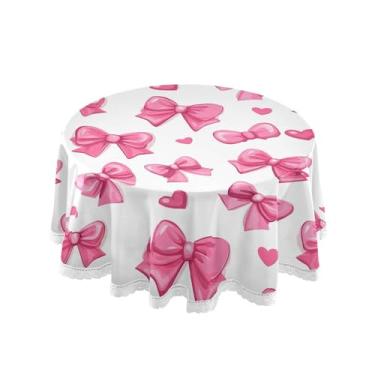 Imagem de SEHANY Toalha de mesa redonda com laço rosa de 152 cm, tecido lavável sem rugas, toalha de mesa decorativa de renda para restaurante, casamento, acampamento, festa de cinco de maio