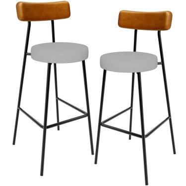 Imagem de Kit 02 Banquetas Alta Bar Cozinha Sala Jantar Milão L02 Couríssimo Whisky Linho Cinza - Lyam Decor